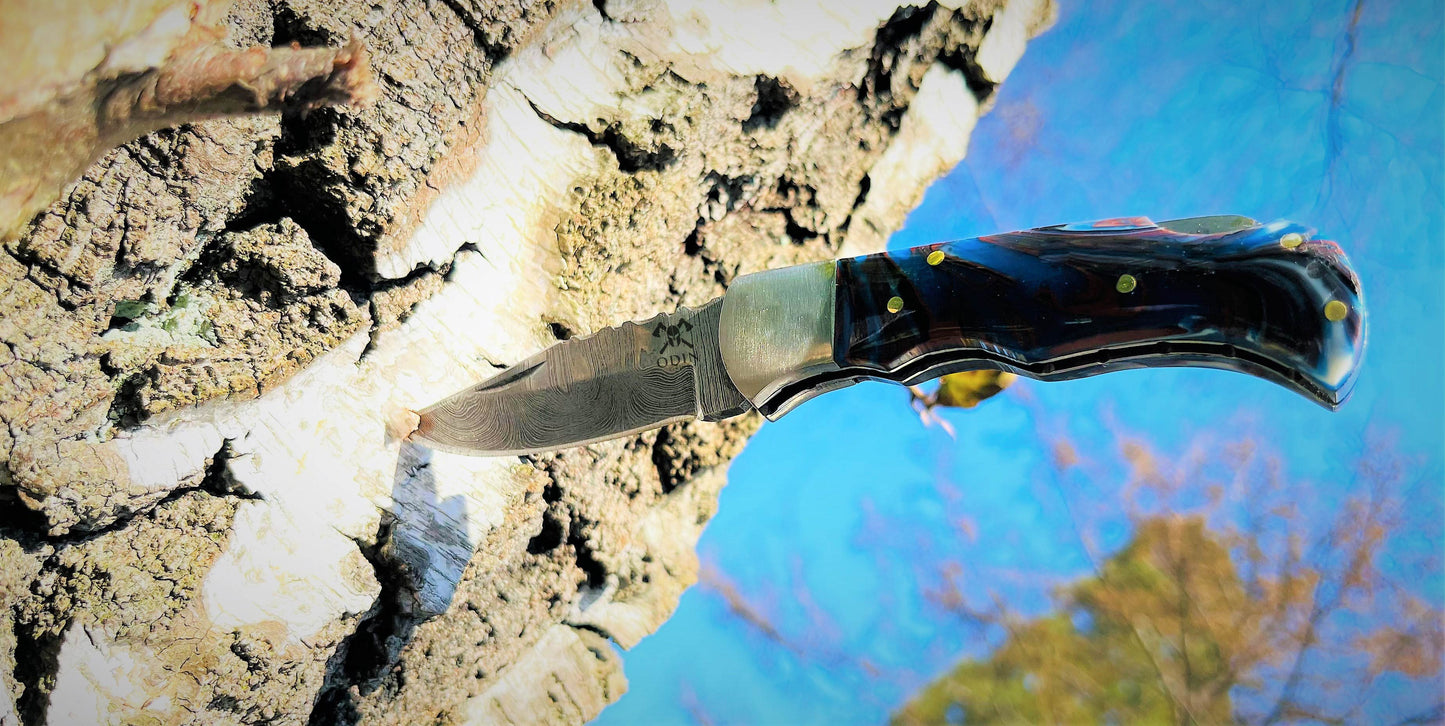 ODIN VIKING Cuchillo Damasco Odin Viking Edc, Peso ligero, CUCHILLO DE DISEÑO UBUTT