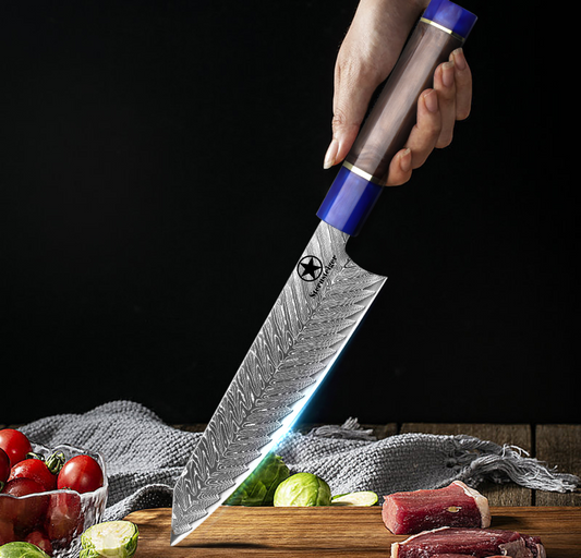 Cuchillo de damasco Sternsteiger Serie de cuchillos de damasco Dragon - mango marrón azul