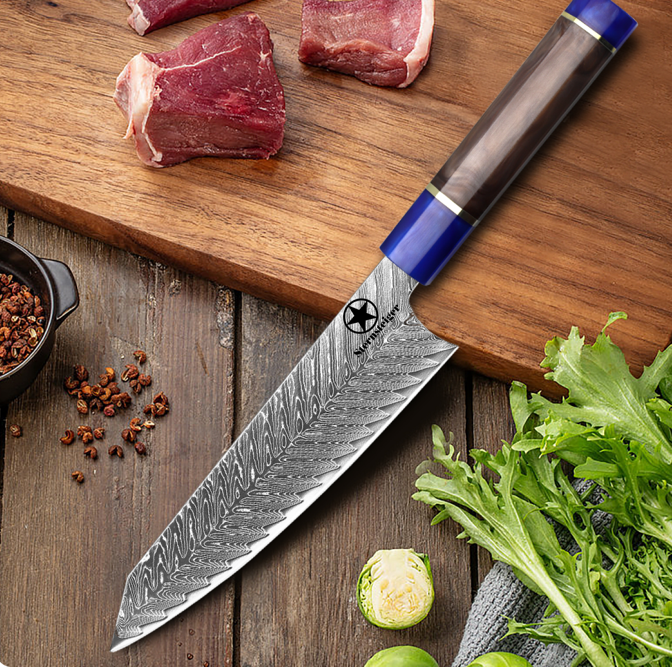 Cuchillo de damasco Sternsteiger Serie de cuchillos de damasco Dragon - mango marrón azul