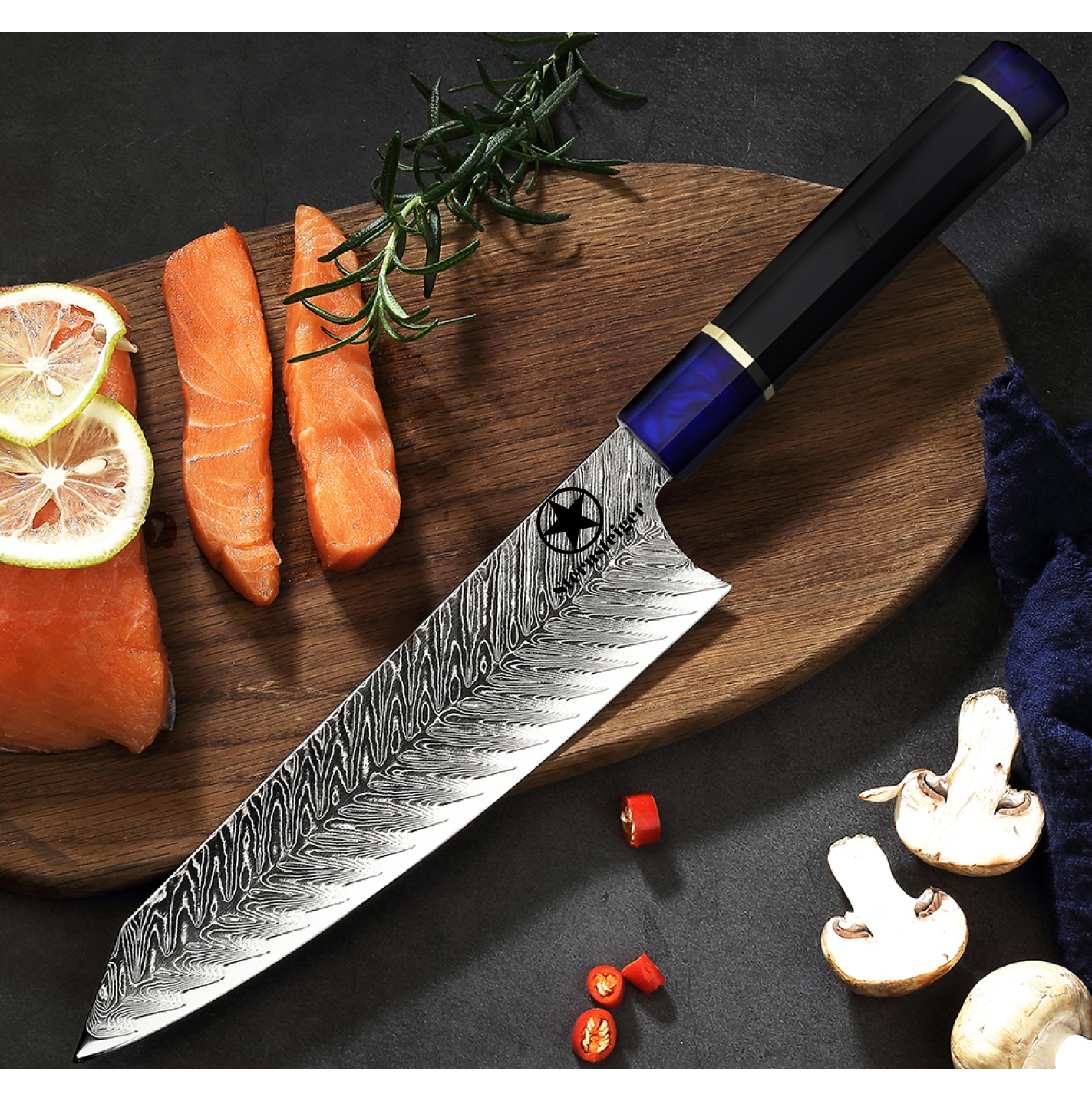 Cuchillo de damasco Sternsteiger Serie de cuchillos de damasco Dragon - mango negro-azul