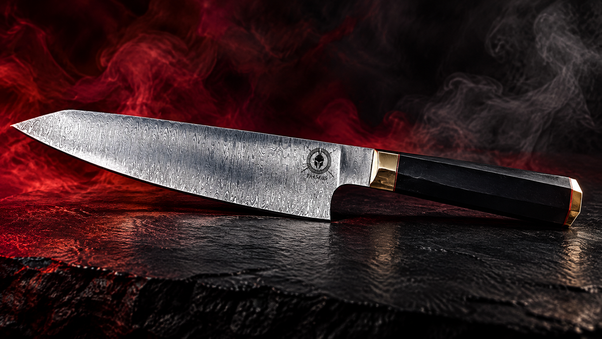 Theseus Gyuto Chef's Knife – Multi-Layered Damascus Steel with Wavy Handmade Handle & Brass Accents