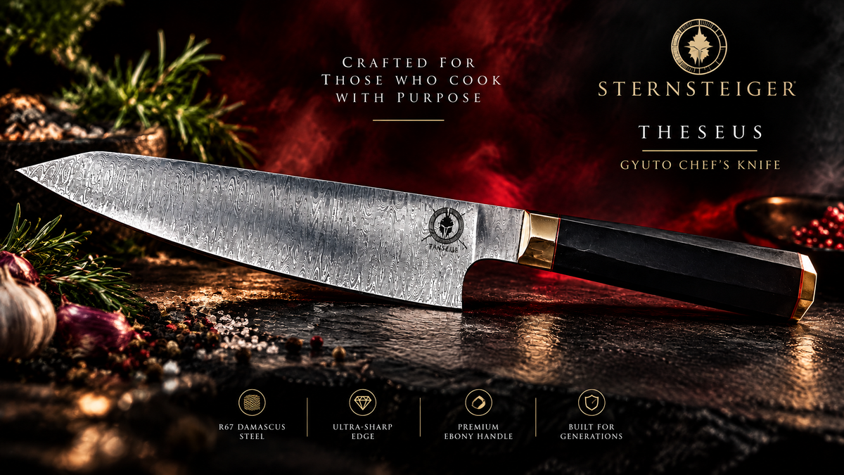 Theseus Gyuto Chef's Knife – Multi-Layered Damascus Steel with Wavy Handmade Handle & Brass Accents