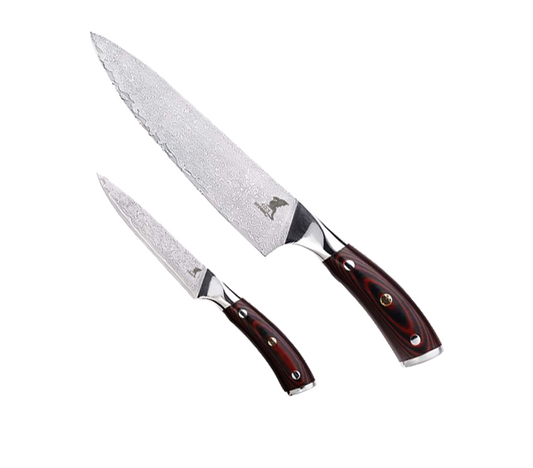 Cuchillo Hiroto Damascus - Cuchillo de chef de 8" + Cuchillo de pelar de 4"